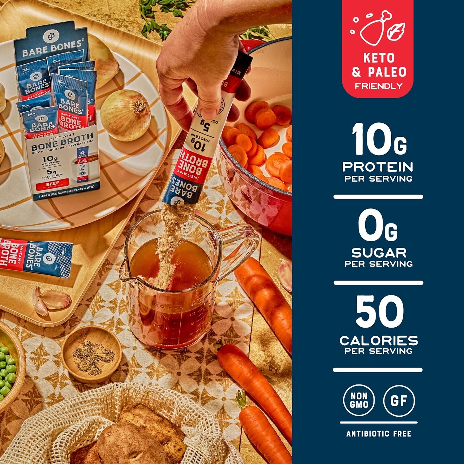 Beef Bone Broth Instant Powdered Mix Packets | 5G Collagen | 10G Protein | Keto & Paleo Friendly