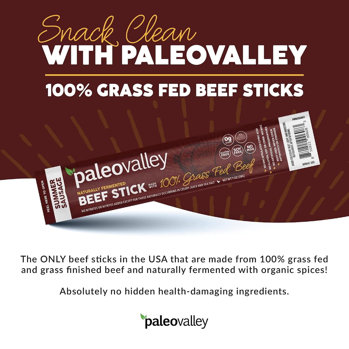 Paleovalley 100% Grass Fed Summer Sausage Beef Sticks - Delicious Gluten Free Beef Snack