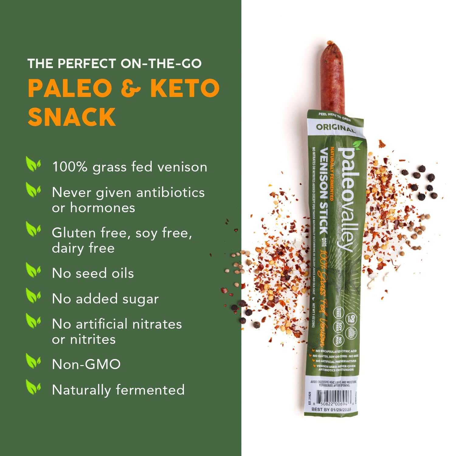 Paleovalley 100% Grass Fed Venison Sticks – Keto-Friendly, High Protein, Low-Calorie Snack