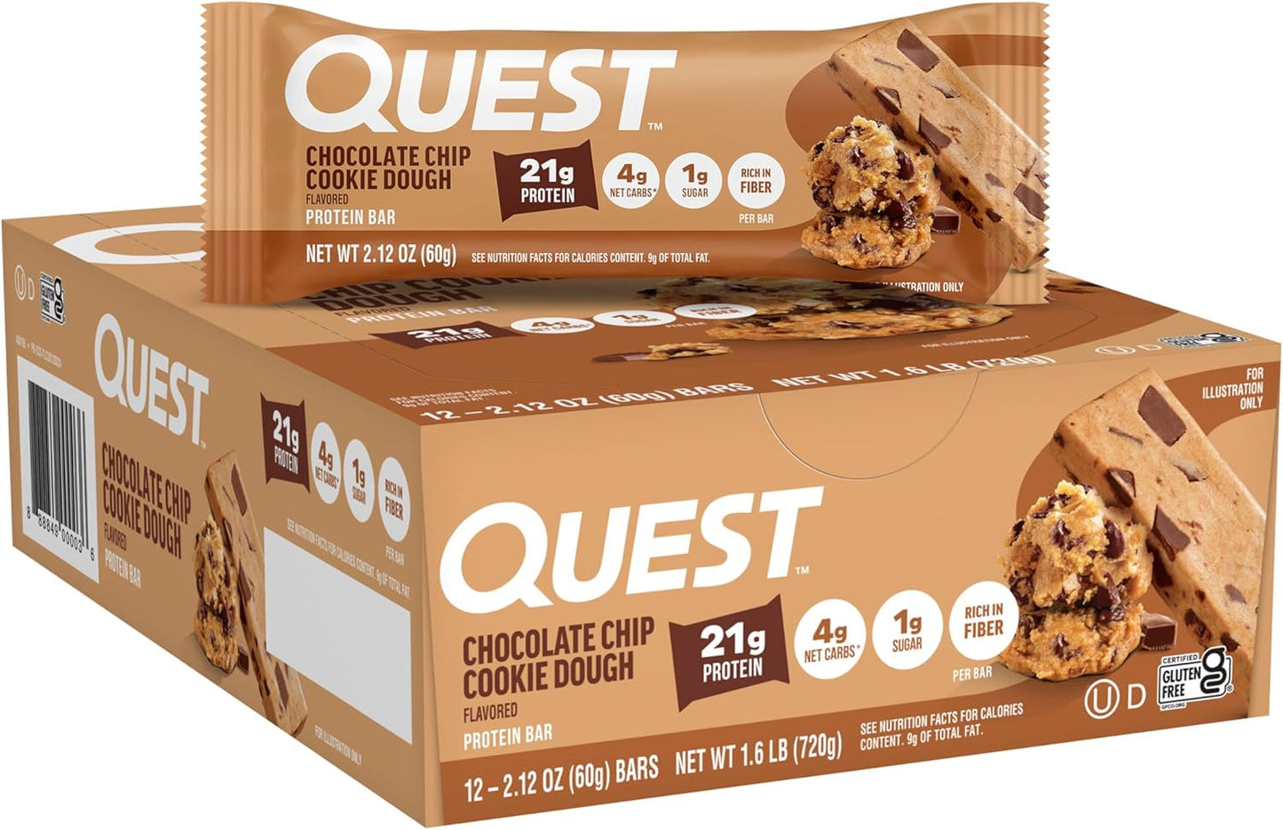 Quest Nutrition Chocolate Chip Cookie Dough Protein Bars, 20G Protein, 12 Count