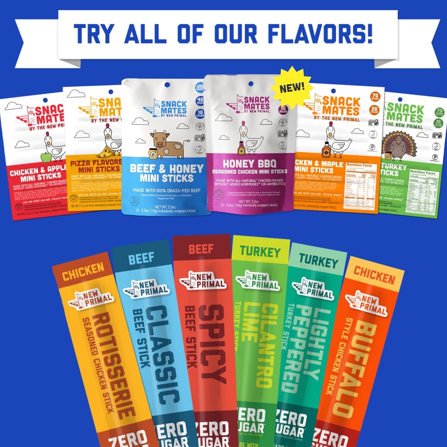 The New Primal Snack Mates Chicken & Maple Sticks, 5G Protein, 35 Calories, (Pack of 90)