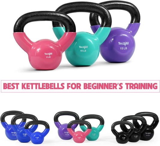 5 - 15lb Vinyl Coated Kettlebell Cast Iron Sets