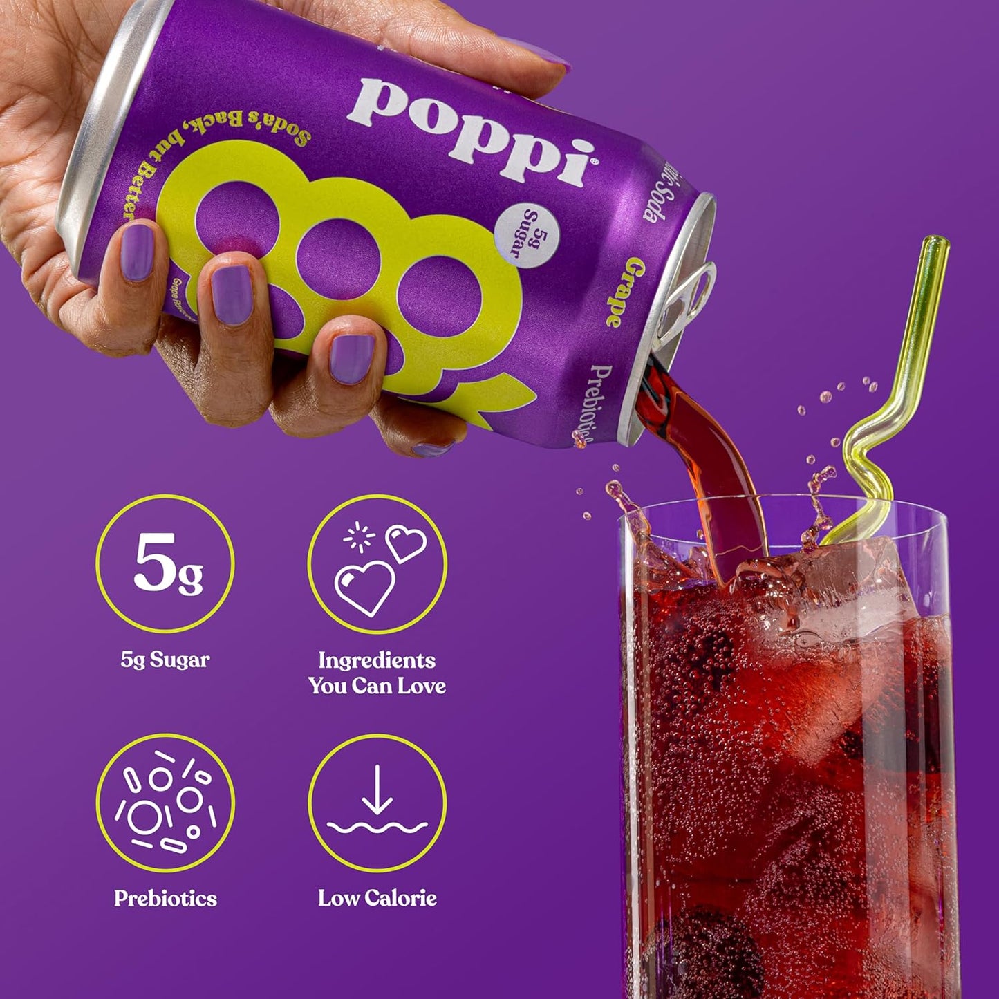 Poppi Sparkling Prebiotic Soda Beverage, Grape, 12 oz, 12 Pack