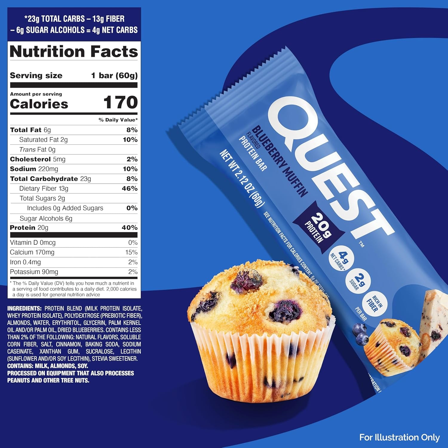 Quest Nutrition Blueberry Muffin Protein Bars, 20G Protein, 12 Count