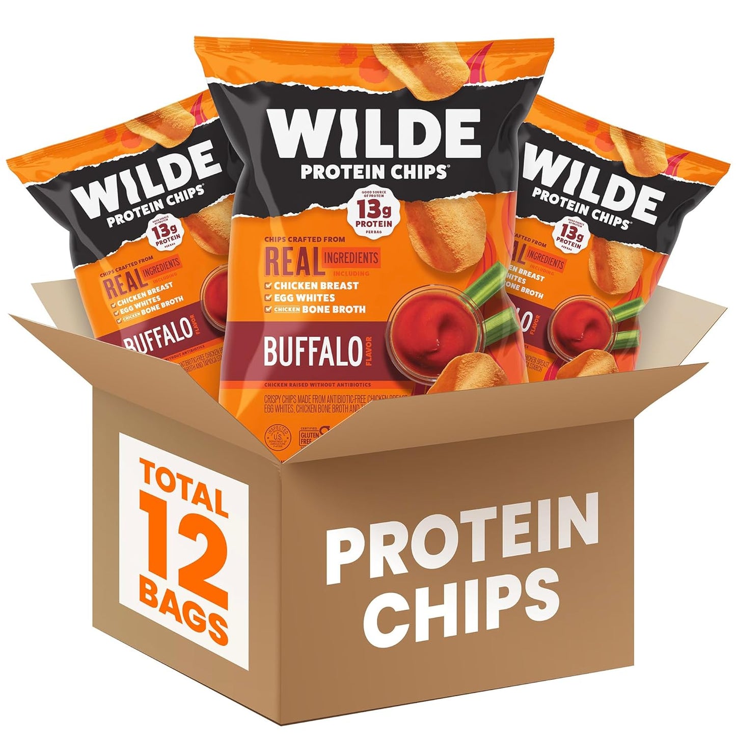 WILDE Chips, Buffalo Style, High Protein Snacks, Pack of 12