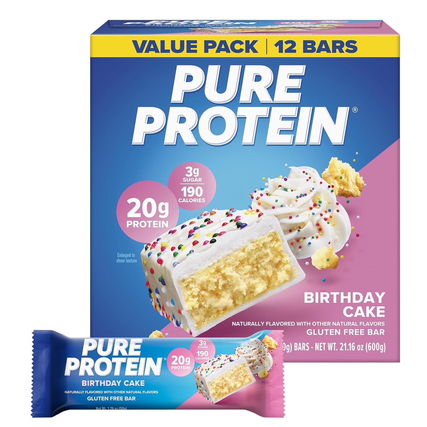 Pure Protein Birthday Cake Protein Bars – 20G Protein, 3G Sugar, 190 Calories (12 Count)