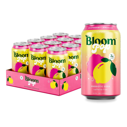 Bloom Pop Prebiotic Soda 12 Pack, Raspberry Lemonade Flavor, 12oz Cans