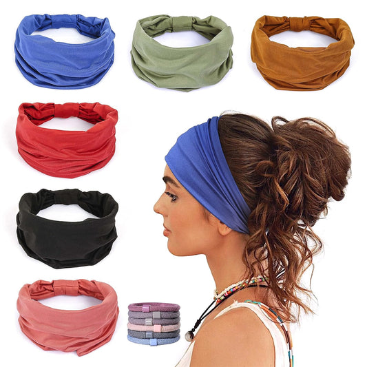 Gili 6 Pack Wide Headbands for Women Non Slip Soft Elastic Hair Bands Yoga Running Sports Workout Gym Head Wraps, Knotted Cotton Cloth African Turbans Bandana (With 6 Pcs Hair Ties)