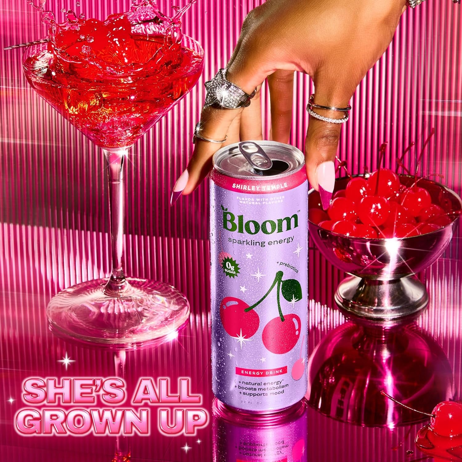 Bloom Nutrition Sparkling Energy Drink - Natural Caffeine, Zero Sugar, 180Mg Caffeine - Shirley Temple- 12oz 12 Pack