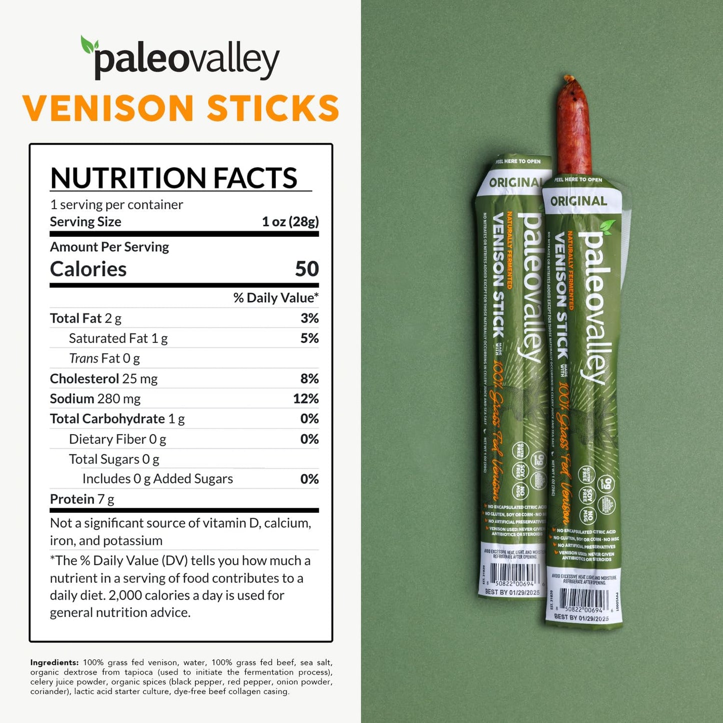 Paleovalley 100% Grass Fed Venison Sticks – Keto-Friendly, High Protein, Low-Calorie Snack