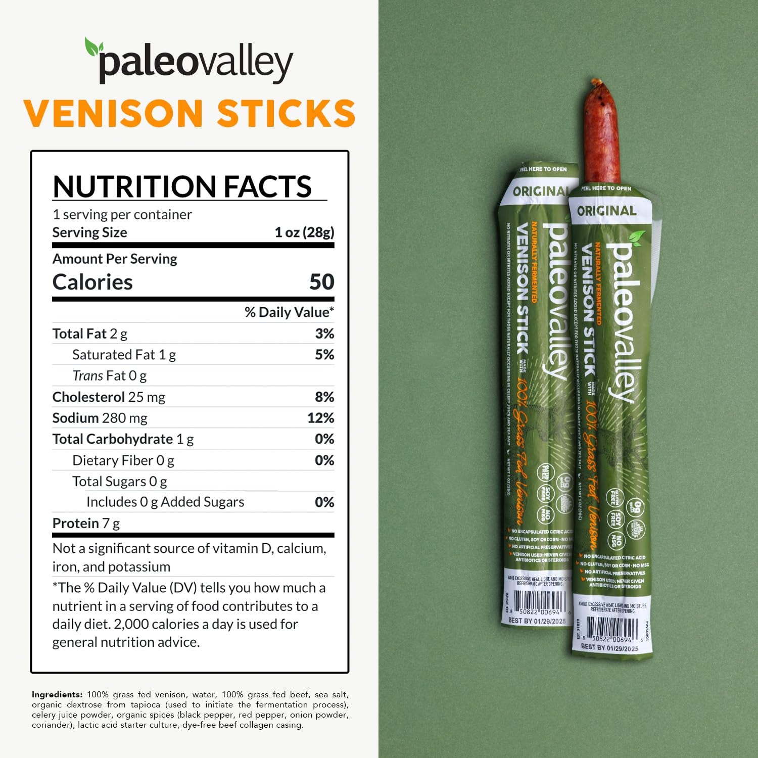 Paleovalley 100% Grass Fed Venison Sticks – Keto-Friendly, High Protein, Low-Calorie Snack