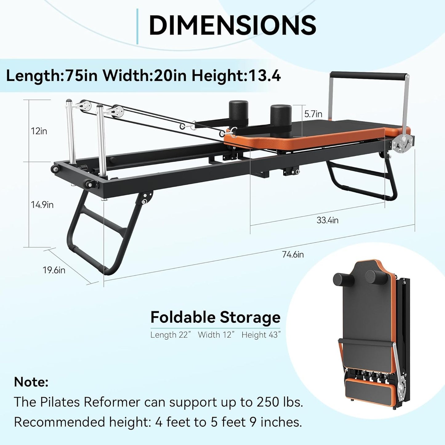 Pilates Reformer, Foldable Pilates Machine & Equipment for Home Use and Gym Workout, Suitable for Advanced and Beginners Users, up to 250 Lbs Weight Capacity