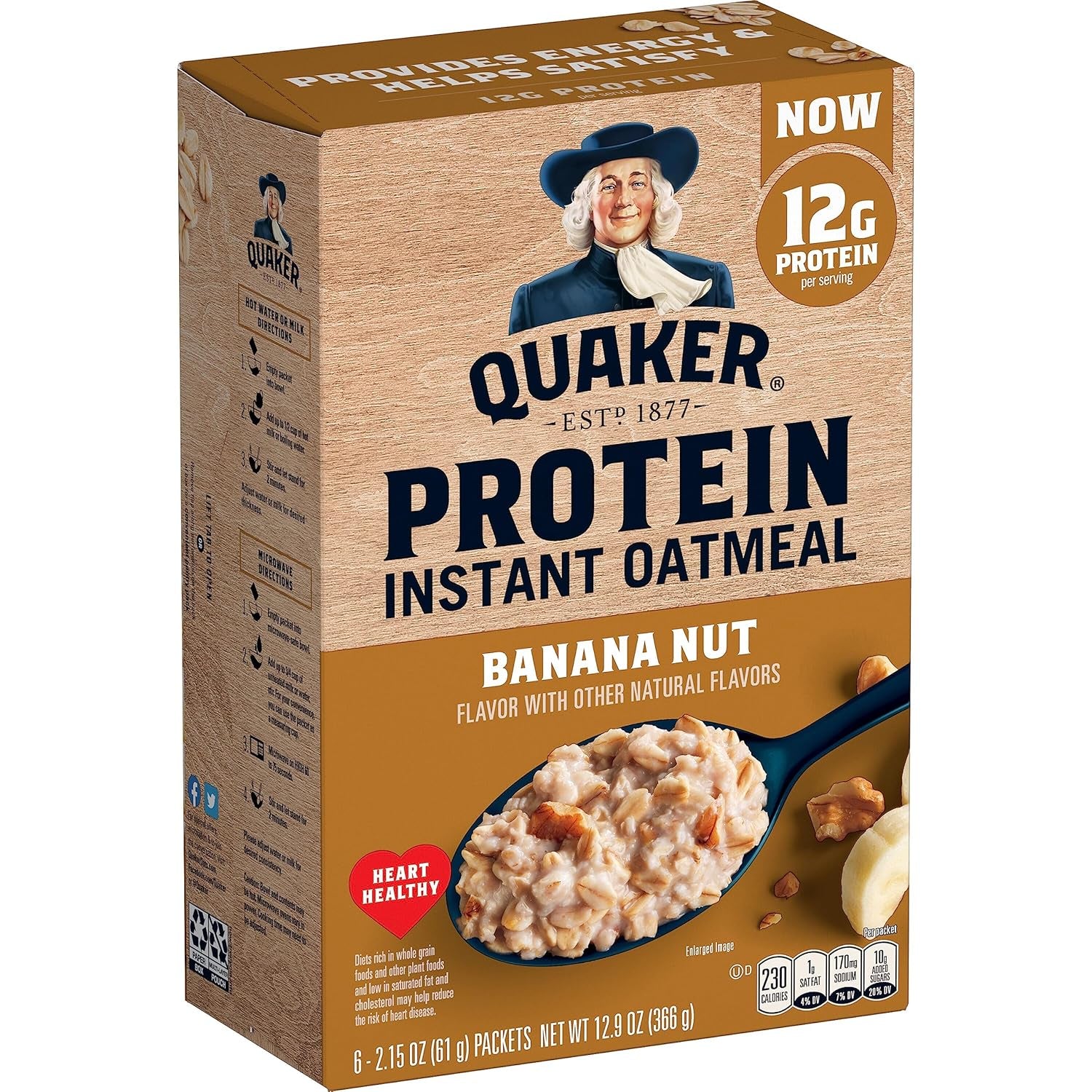 Quaker Protein Instant Oatmeal, Banana Nut, 12G Protein per Serving (6 Pack)