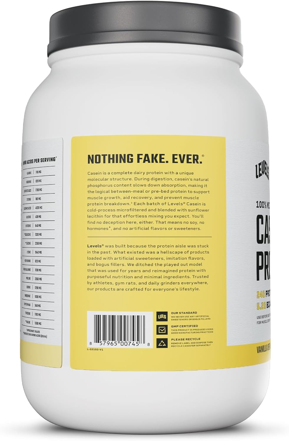 Levels 100% Micellar Casein Protein, Hormone Free, Vanilla Bean, 2LB