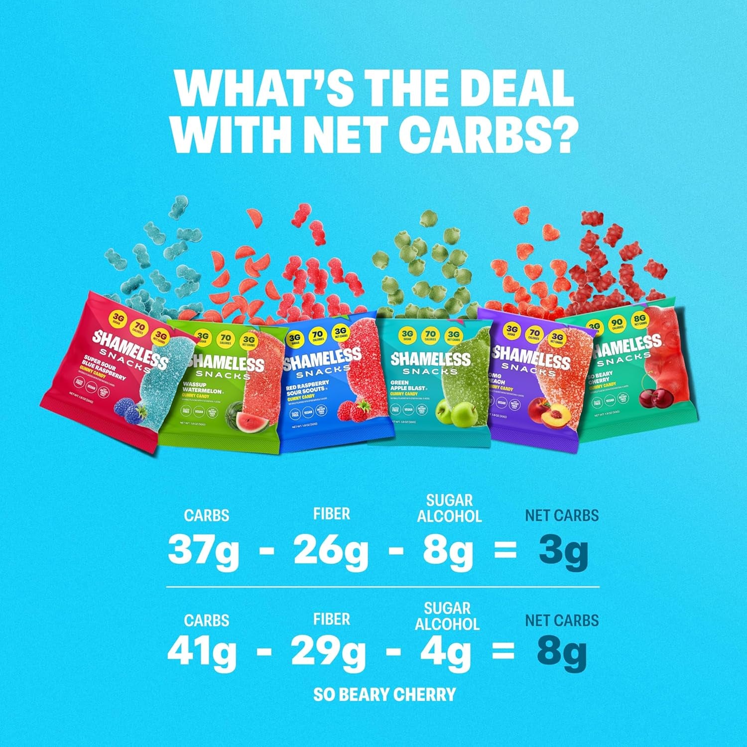 Shameless Snacks Sour Candy & Fruit Snacks - Gummy Candy Variety Pack, Keto Snacks, Sour Gummy Worms & Gummy Bears in Bulk, 3G Sugar Gluten Free Vegan for Kids & Adults