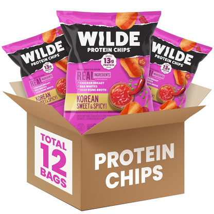 WILDE Protein Chips, Korean Sweet & Spicy, High Protein Snacks, Pack of 12