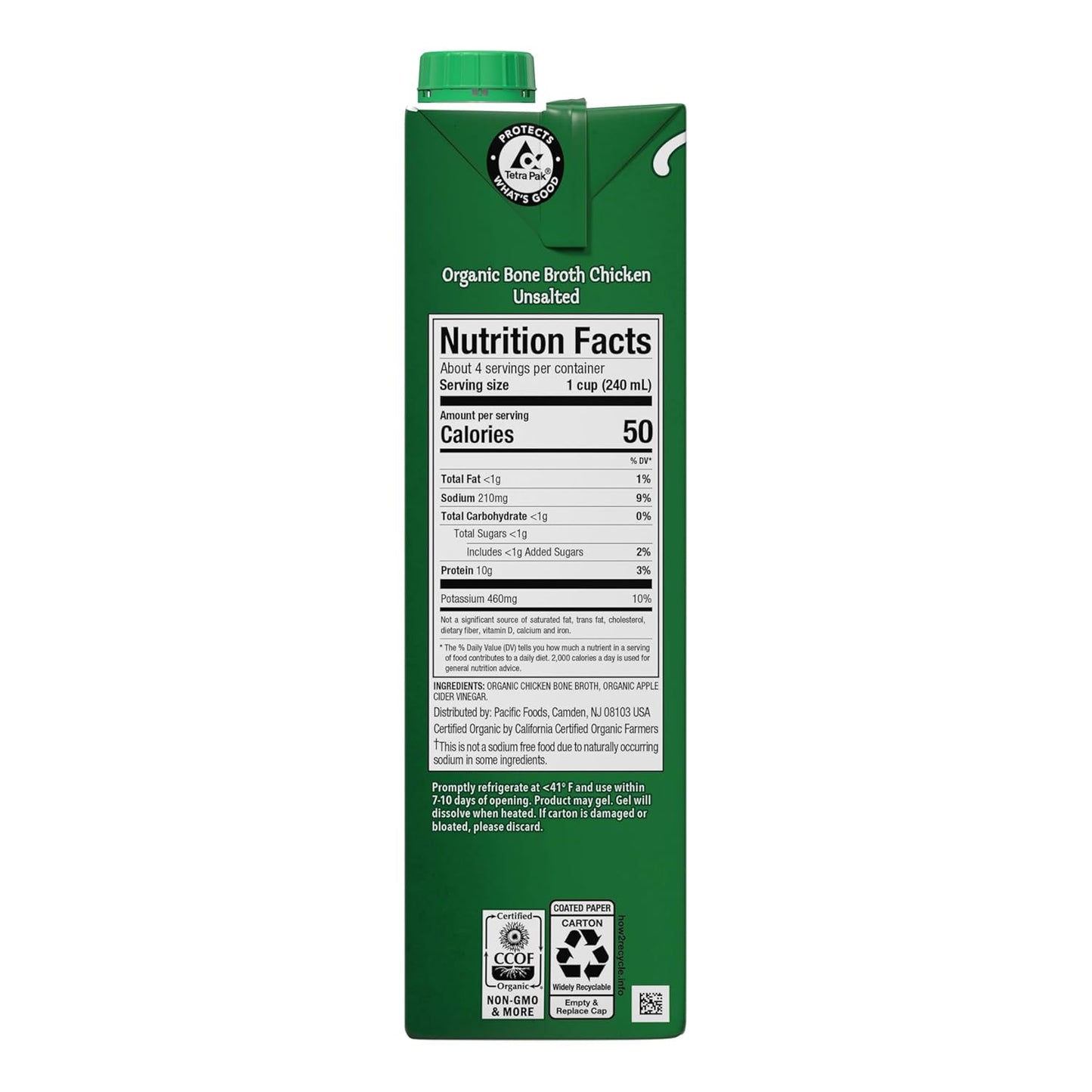 Pacific Foods Organic Unsalted Chicken Bone Broth, 32 Oz Carton