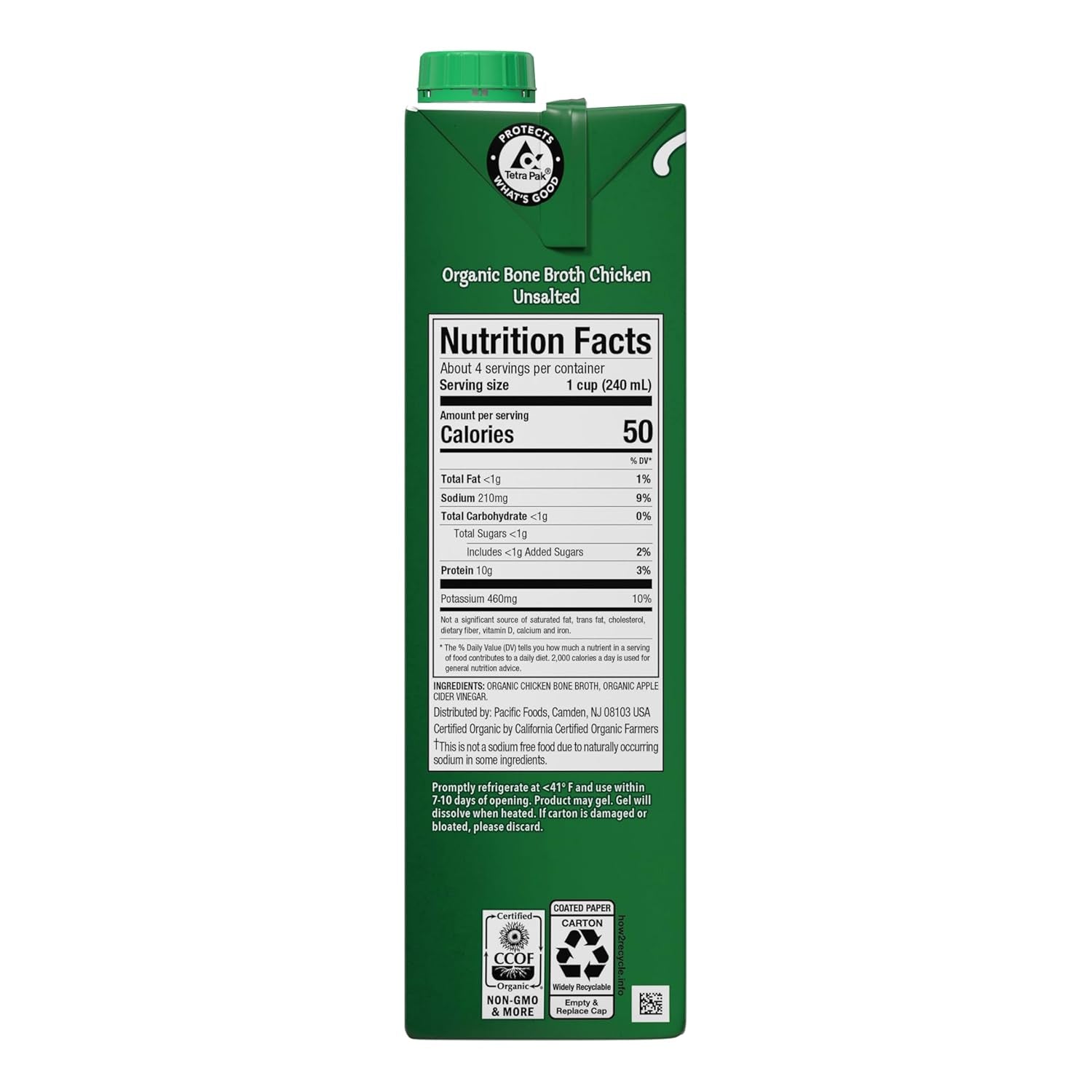 Pacific Foods Organic Unsalted Chicken Bone Broth, 32 Oz Carton