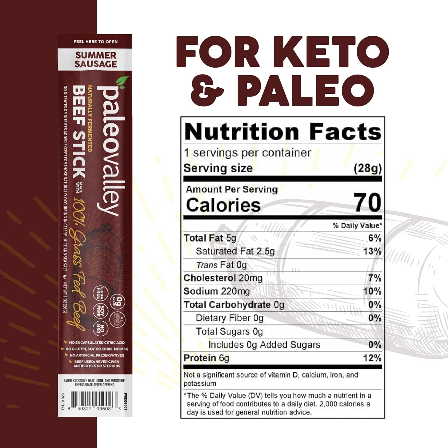 Paleovalley 100% Grass Fed Summer Sausage Beef Sticks - Delicious Gluten Free Beef Snack