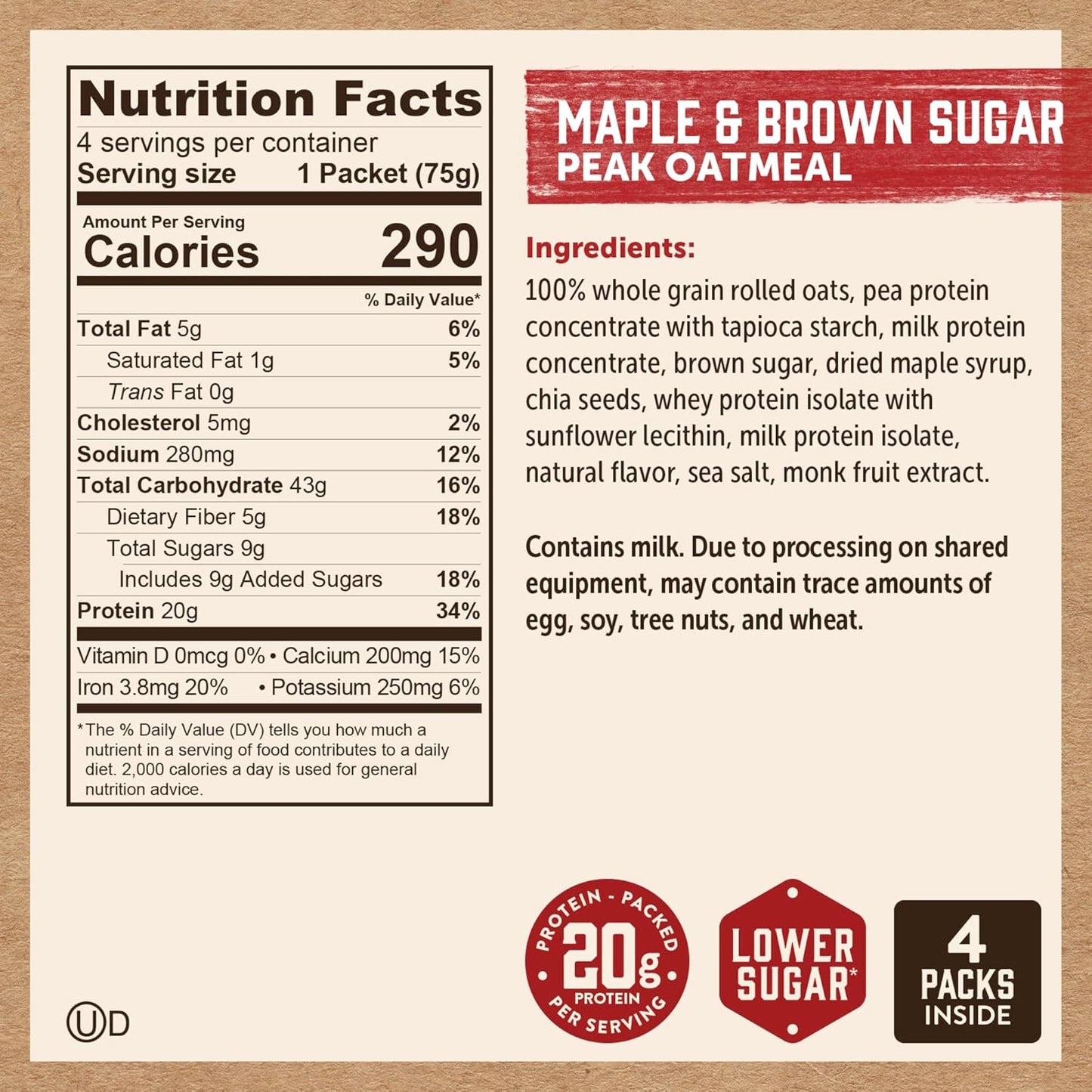 Kodiak Peak Instant Oatmeal Packets, Maple Brown Sugar, High Protein (Total of 24 Packets)