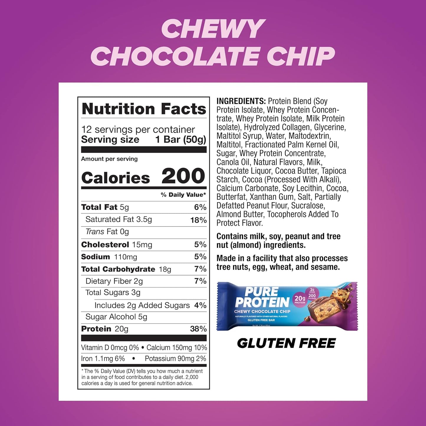 Pure Protein Chewy Chocolate Chip Protein Bars – 20G Protein, 3G Sugar, 190 Calories (12 Count)