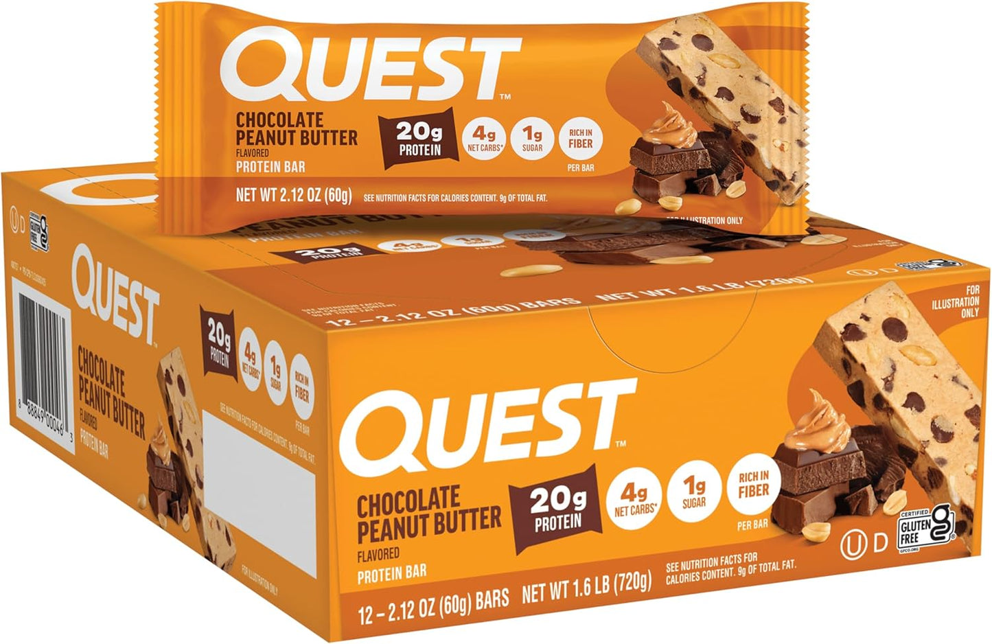 Quest Nutrition Chocolate Peanut Butter Bars, 20G Protein, 12 Count