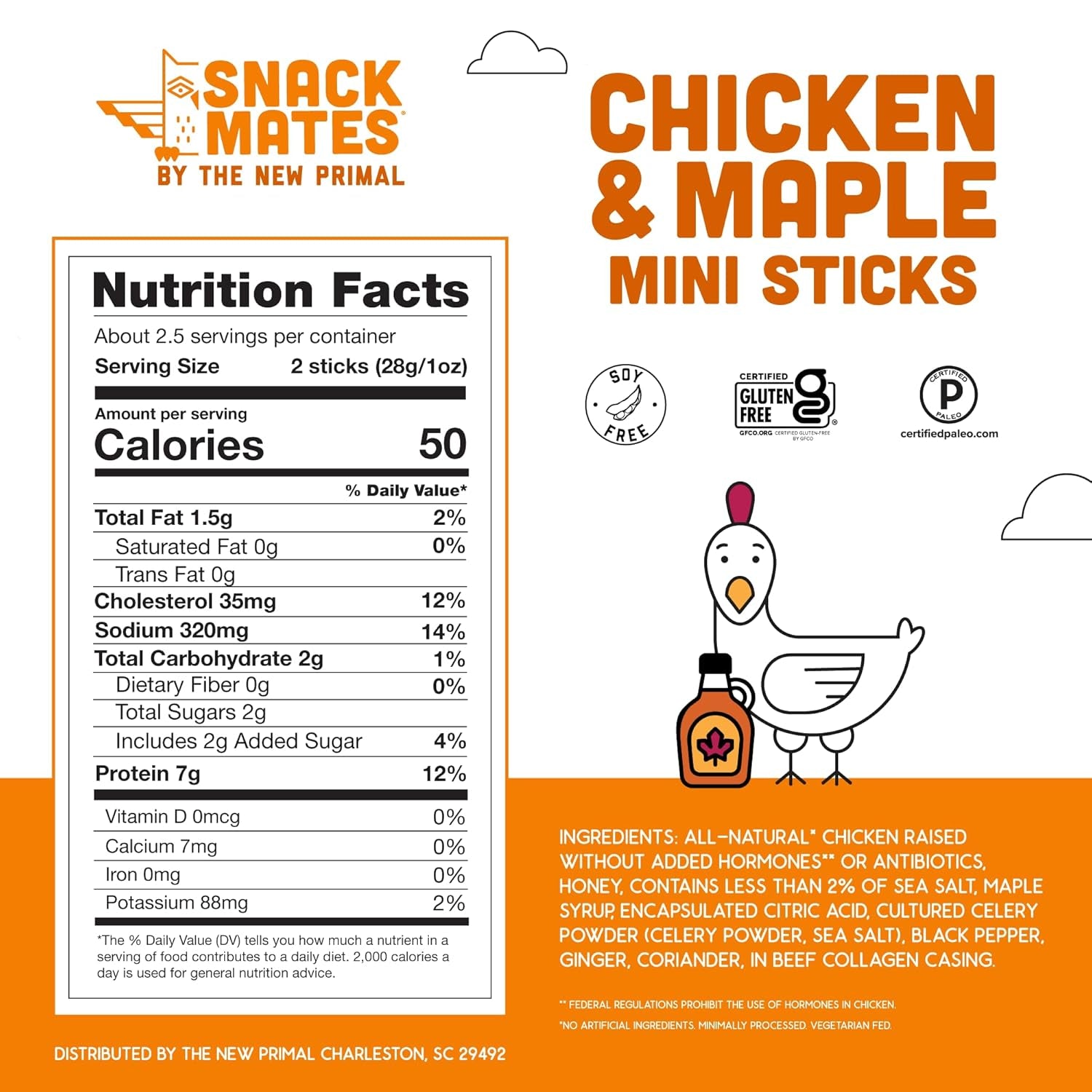 The New Primal Snack Mates Chicken & Maple Sticks, 7G Protein, 50 Calories, 40 Pack