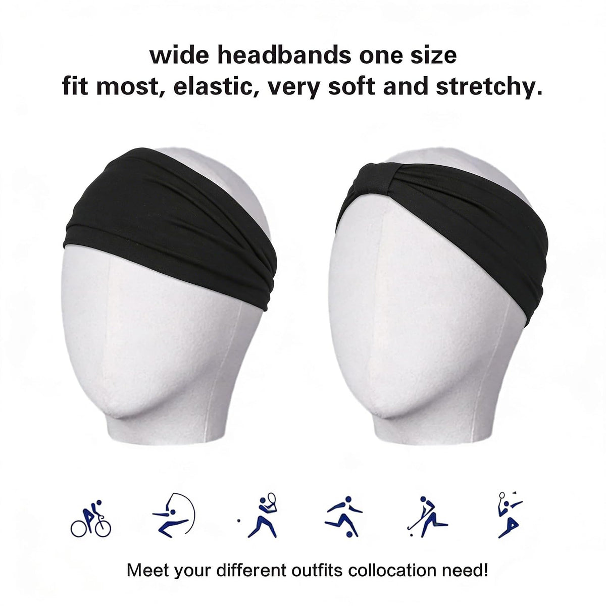 2 Pack Black Wide Headbands for Women - Thick Stretchy Non Slip Fabric Sweat Bands, Soft Hair Bands for Workout, Running, Spa, Makeup & Washing Face