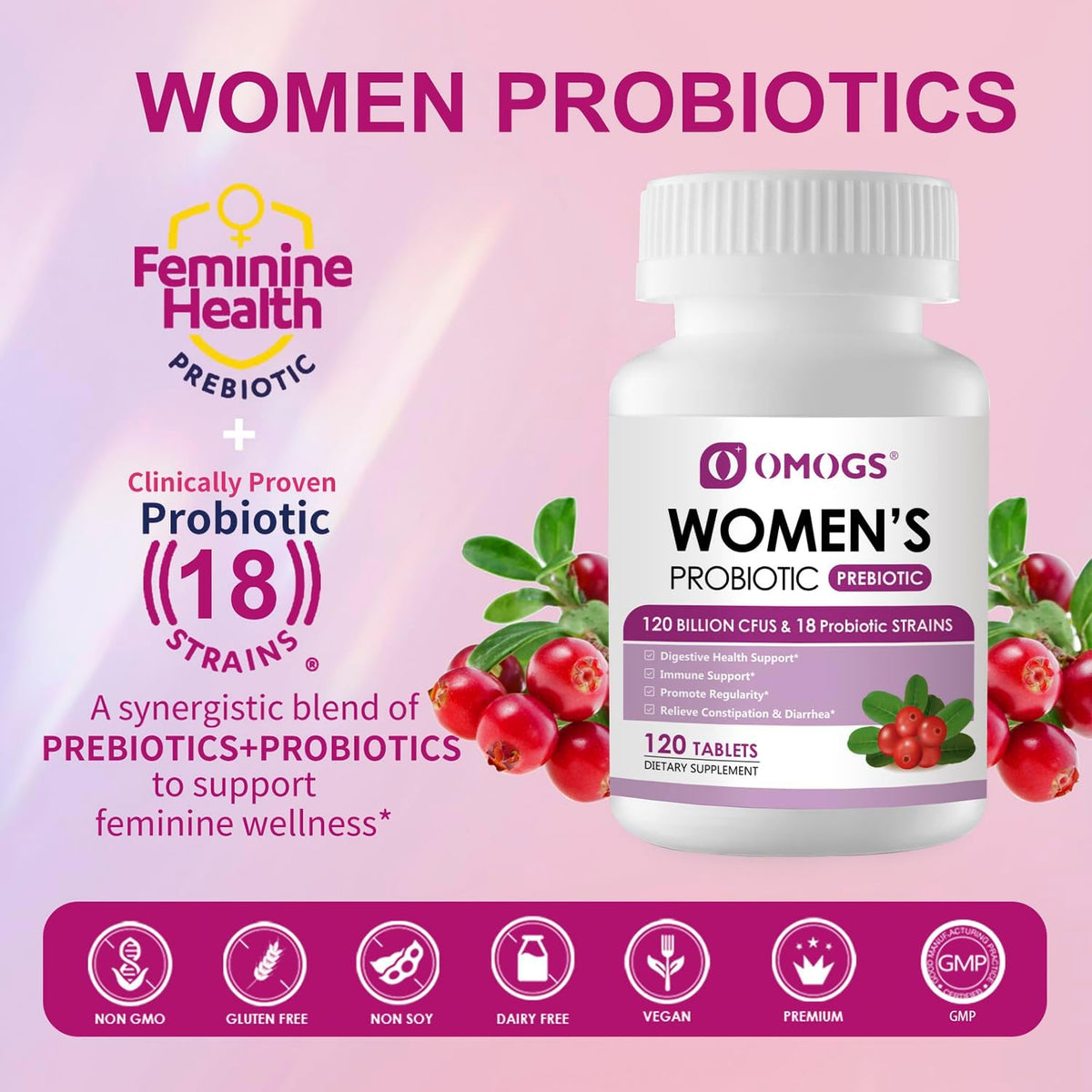 OMOGS Women'S Probiotic, with Cranberry Extract, Organic Prebiotics & Vitamin C, 120 Billion Cfus,18 Strains, Help for Boost Immune, Digestive, Gut Health & Women'S Health,120 Tablets