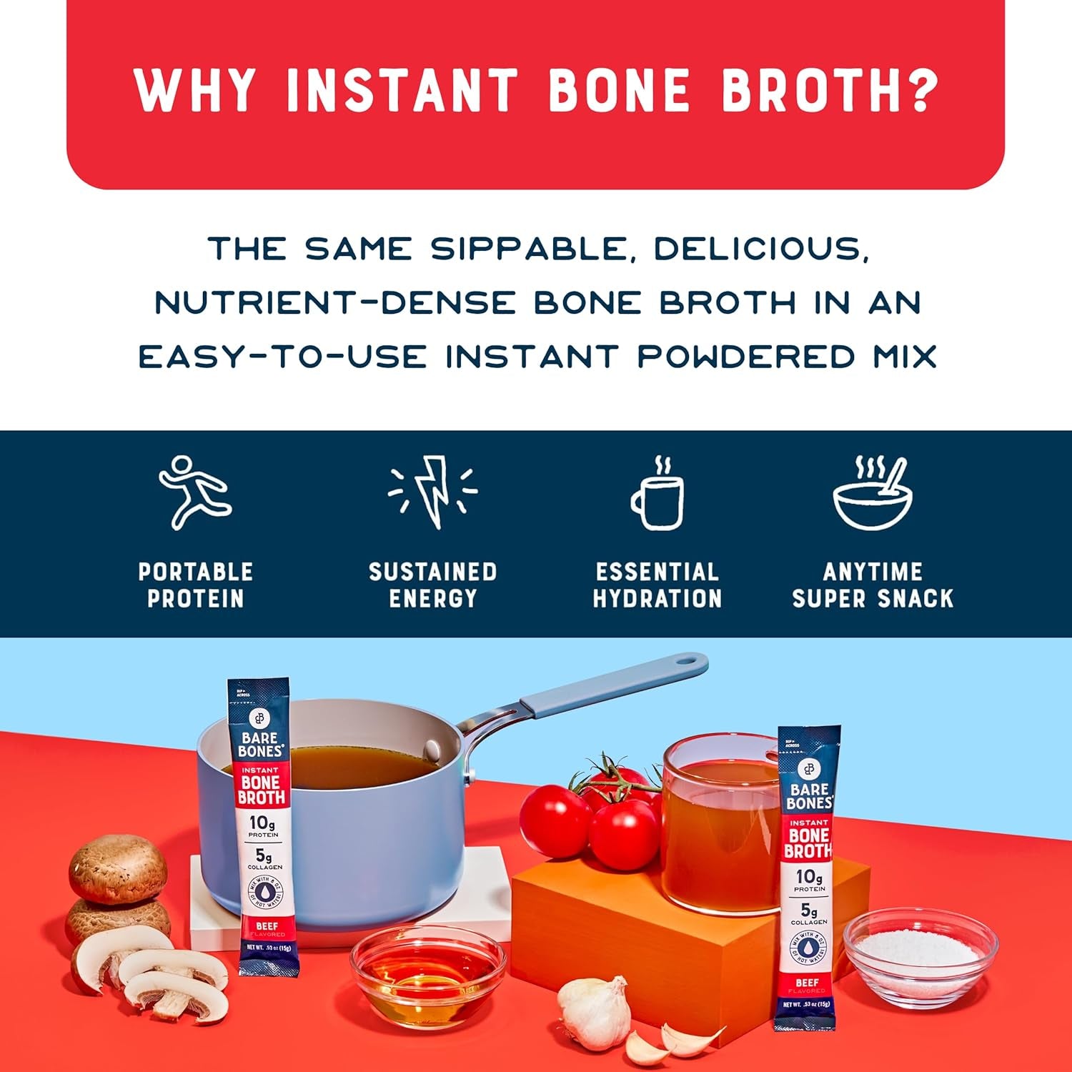 Beef Bone Broth Instant Powdered Mix Packets | 5G Collagen | 10G Protein | Keto & Paleo Friendly