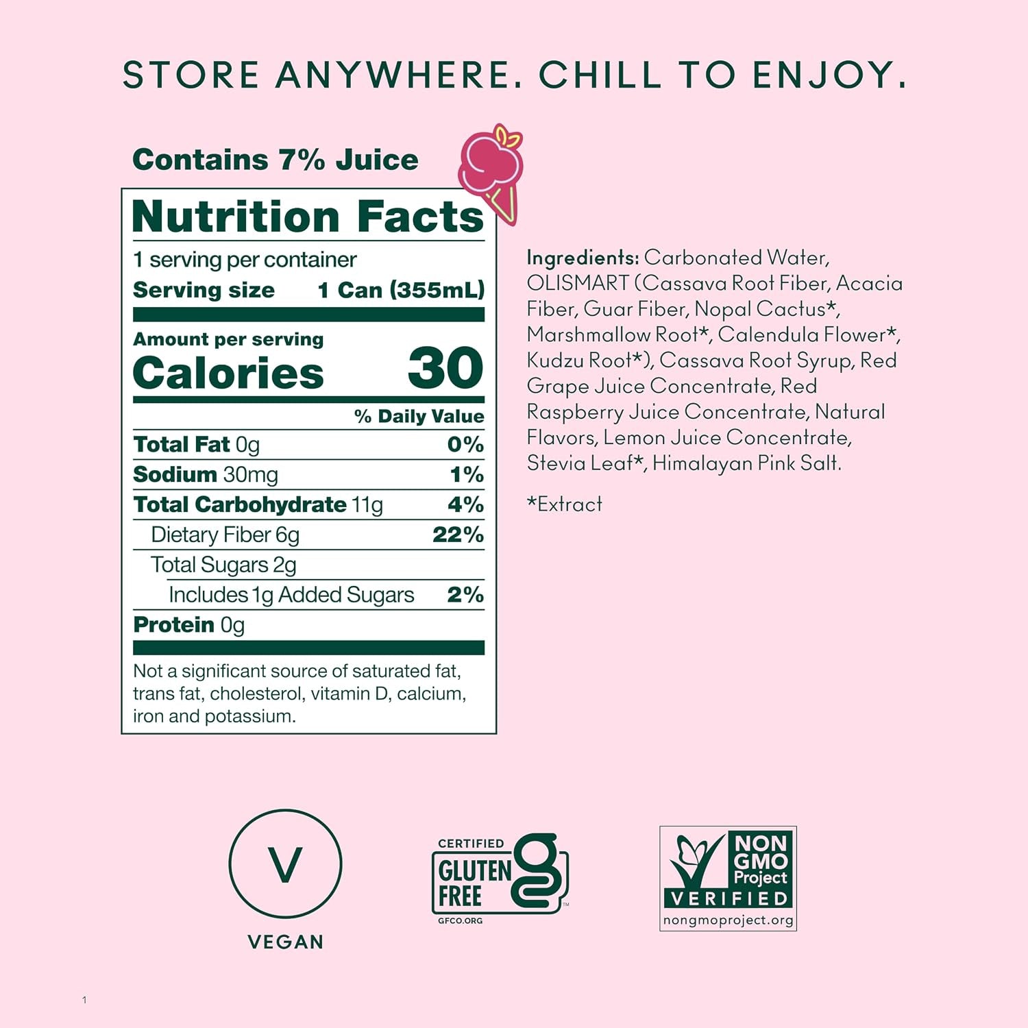 OLIPOP Prebiotic Soda Pop, Raspberry Sherbet (12-Cans)