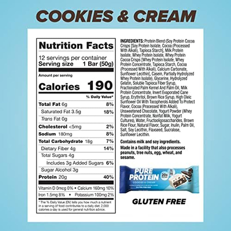 Pure Protein Cookies and Cream Protein Bars – 20G Protein, 3G Sugar, 190 Calories (12 Count)