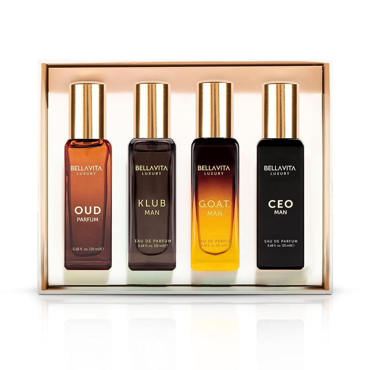 Bellavita Luxury Men's Perfume Gift Set with CEO Man, G.O.A.T., KLUB & OUD | 4 X 20Ml (80Ml) | Citrus, Woody, Patchouli & Caramel Notes