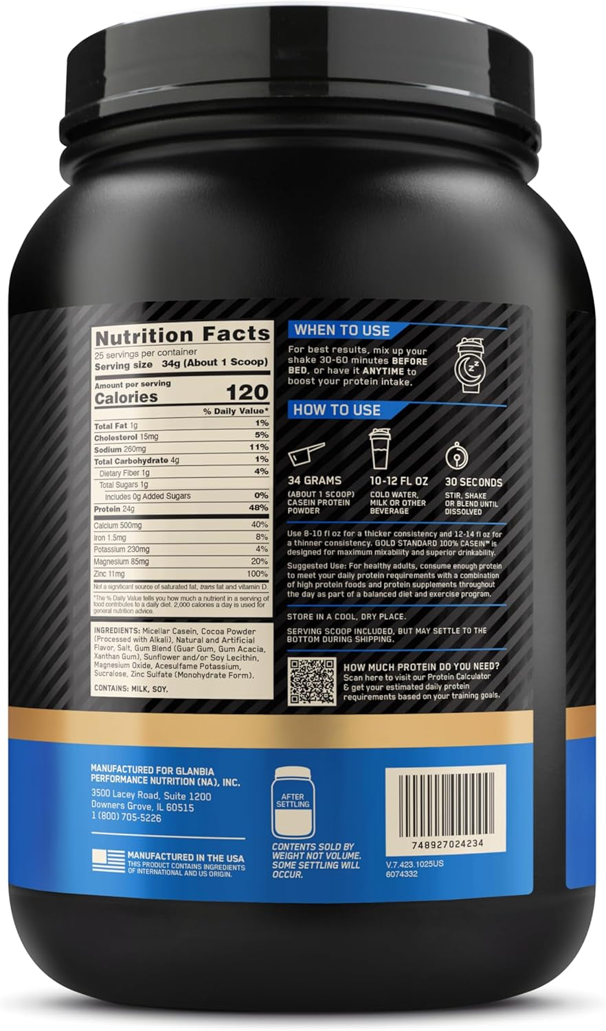 Gold Standard 100% Micellar Casein Protein Powder, Slow Digesting, Helps Keep You Full, Overnight Muscle Recovery, Chocolate Supreme, 2 Pound (Packaging May Vary)