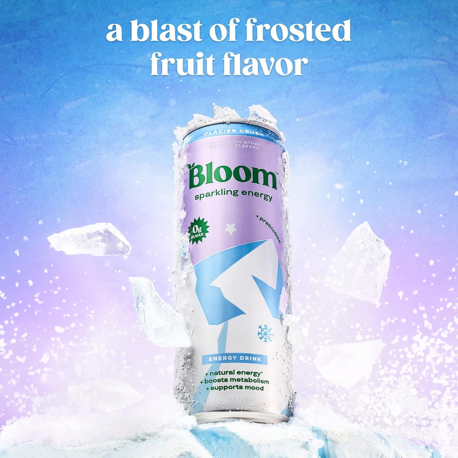 Bloom Nutrition Sparkling Energy Drink - Natural Caffeine, Zero Sugar, 180Mg - Antioxidant-Rich with Green Coffee Bean, Green Tea Extract, Prebiotics - Glacier Crush - 12Oz 12 Pack