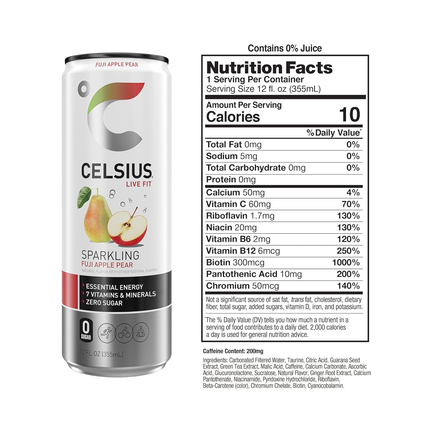 CELSIUS Sparkling Fuji Apple Pear, Sugar Free Energy Drink, 12 Fl Oz (Pack of 12)