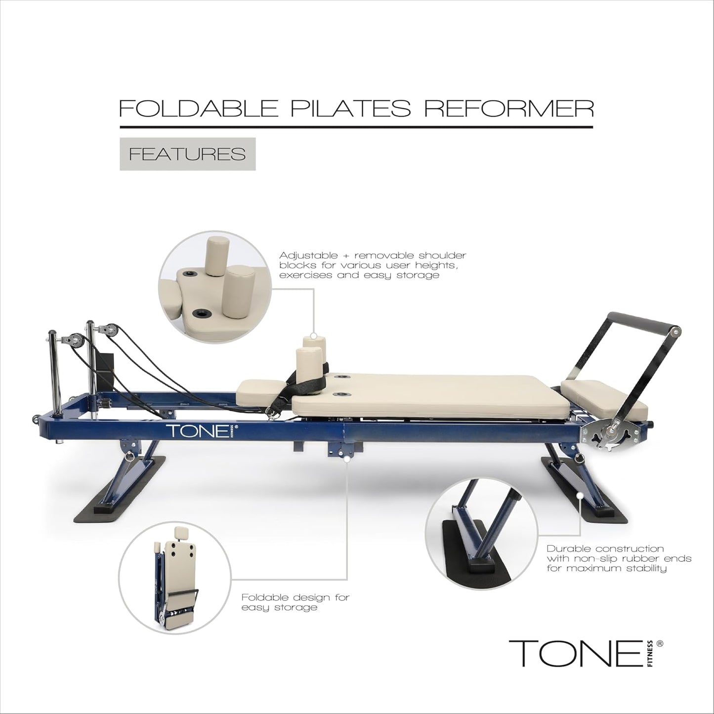 Tone Fitness Foldable Pilates Reformer – Portable Pilates Machine with Adjustable Resistance Bands