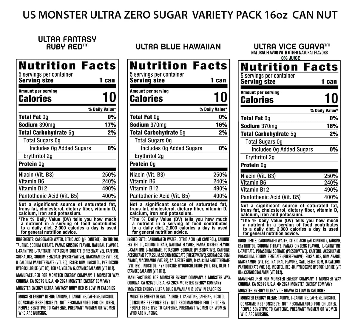 Monster Energy Ultra Variety Pack, Blue Hawaiian, Vice Guava, Fantasy Ruby Red, Sugar Free Energy Drink, 16 Ounce Can (Pack of 15)