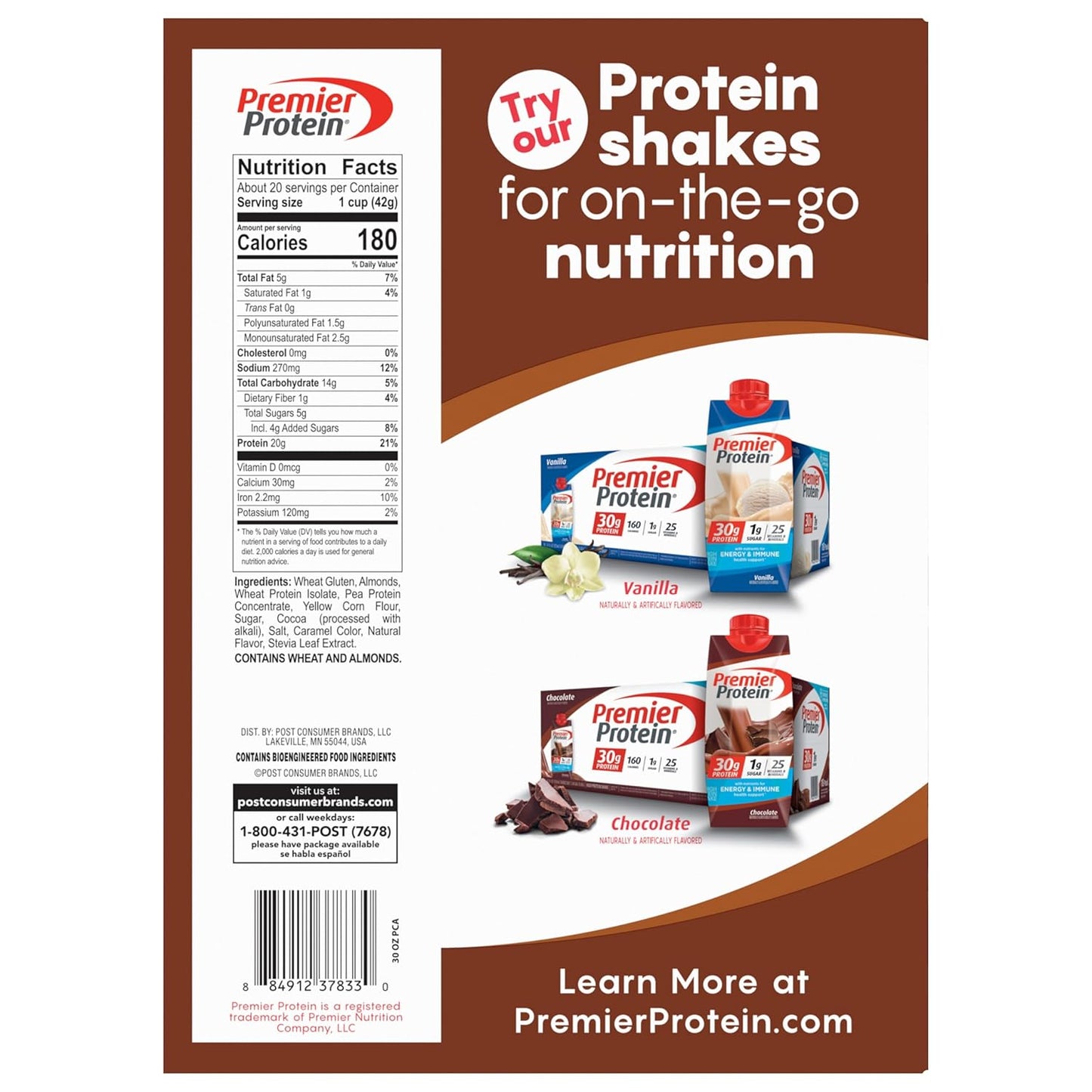 Post Premier Protein Chocolate Almond Cereal, Chocolatey Protein Cereal Flakes with Sliced Almonds
