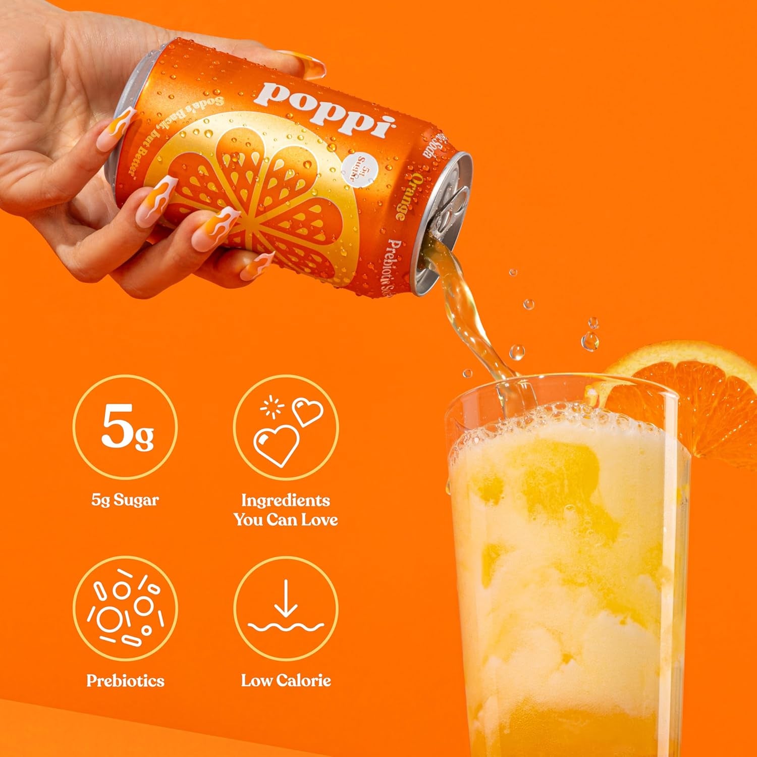 Poppi Sparkling Prebiotic Soda Beverage, Orange Flavor, 12 Fl oz, Pack of 12
