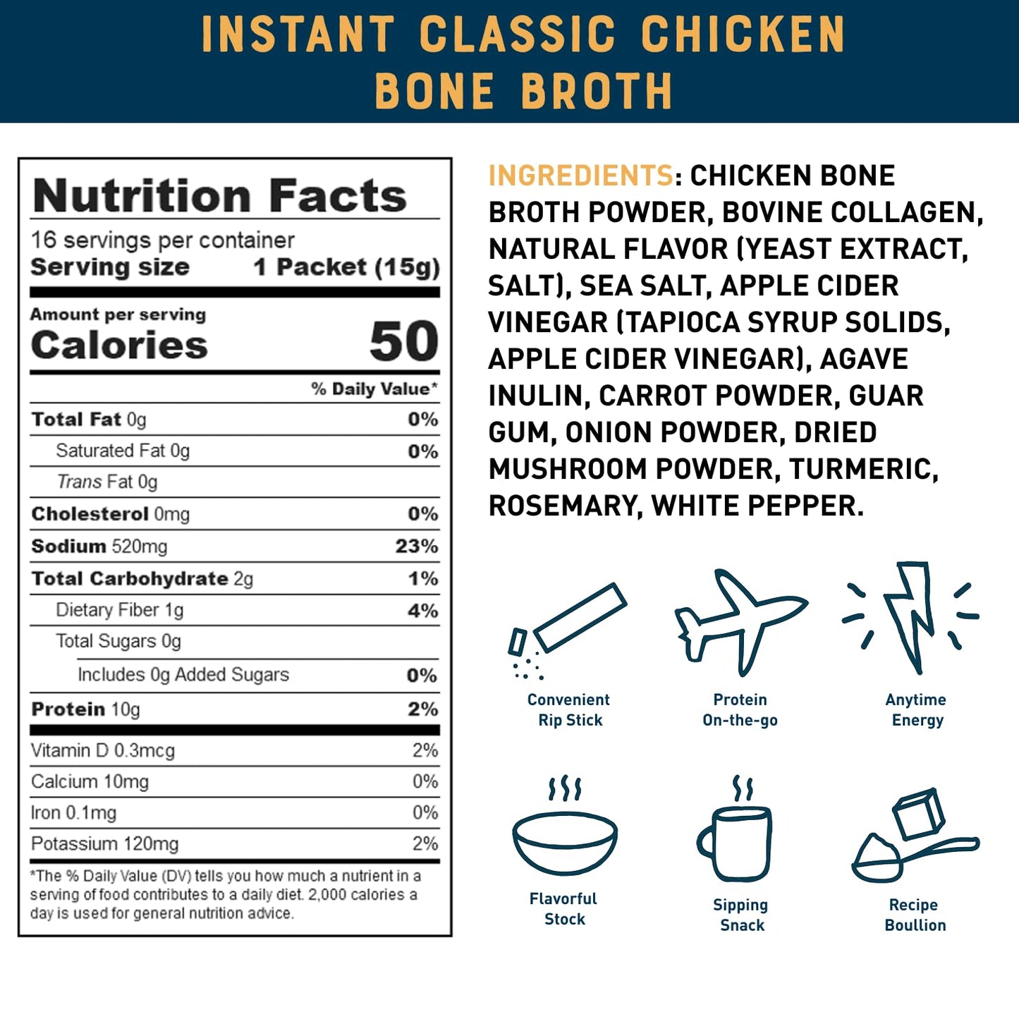 Classic Chicken Bone Broth Instant Powdered Mix Packets | 5G Collagen | 10G Protein | Keto & Paleo Friendly