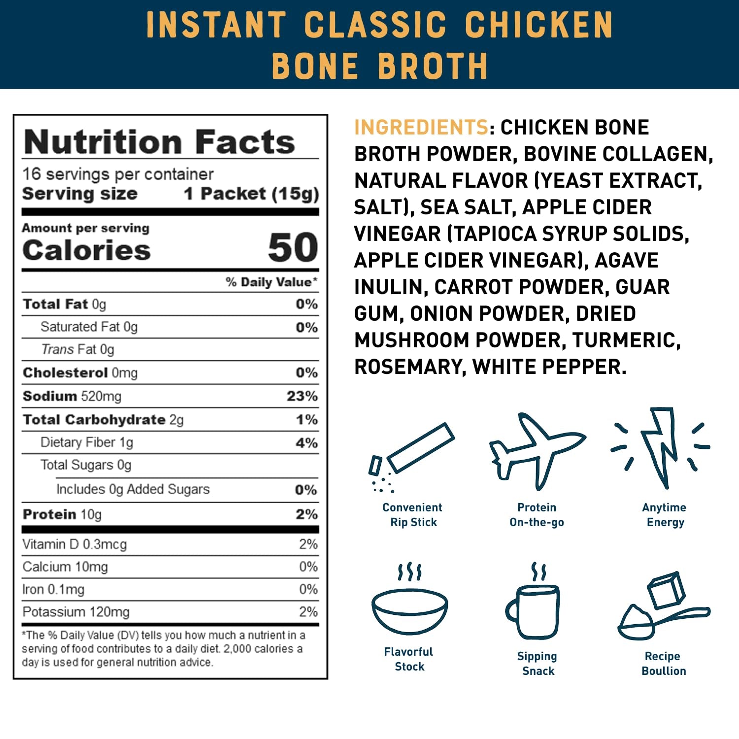 Classic Chicken Bone Broth Instant Powdered Mix Packets | 5G Collagen | 10G Protein | Keto & Paleo Friendly