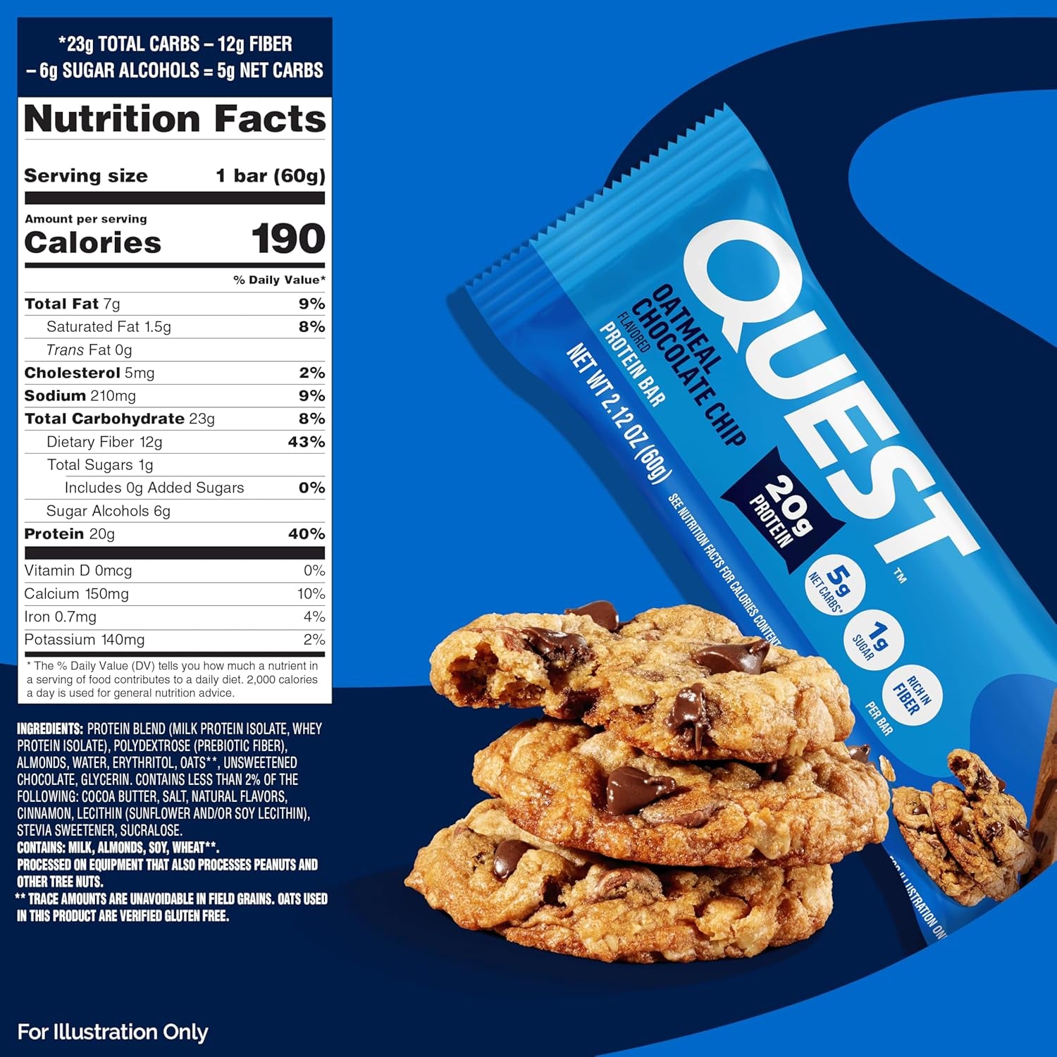 Quest Nutrition Oatmeal Chocolate Chip Protein Bars, 20G Protein, 12 Count
