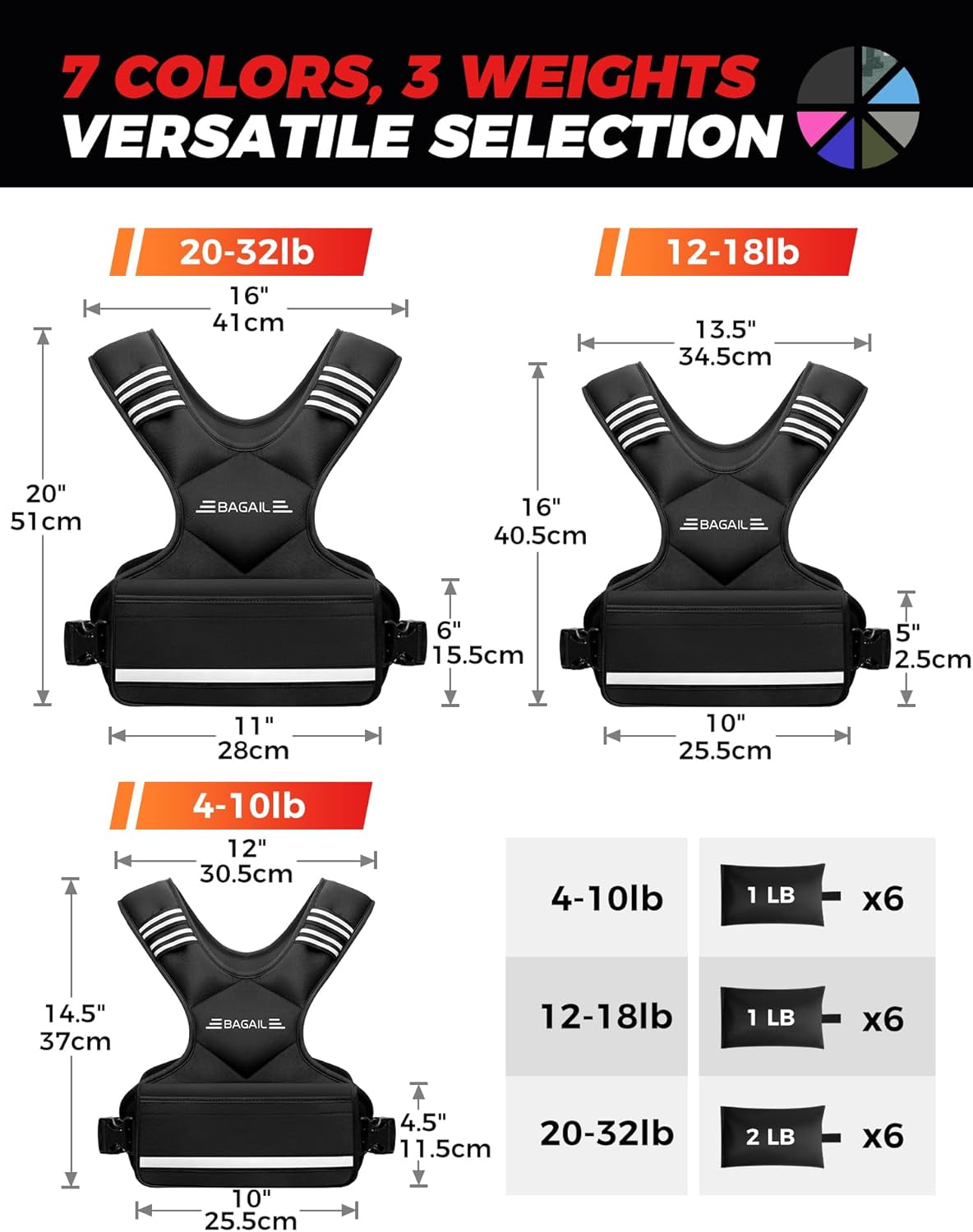 BAGAIL Adjustable Weighted Vest 4-10Lb/12-18Lb/20-32Lb