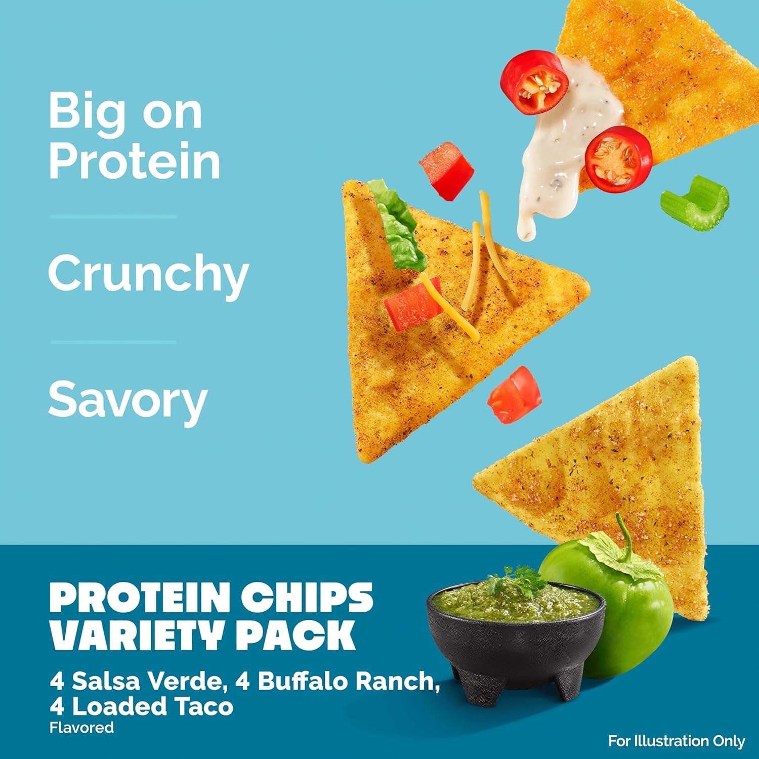 Nutrition Game Day Tortilla Style Protein Chips Variety Pack, Buffalo Ranch, Salsa Verde, Loaded Taco (4 of Each)