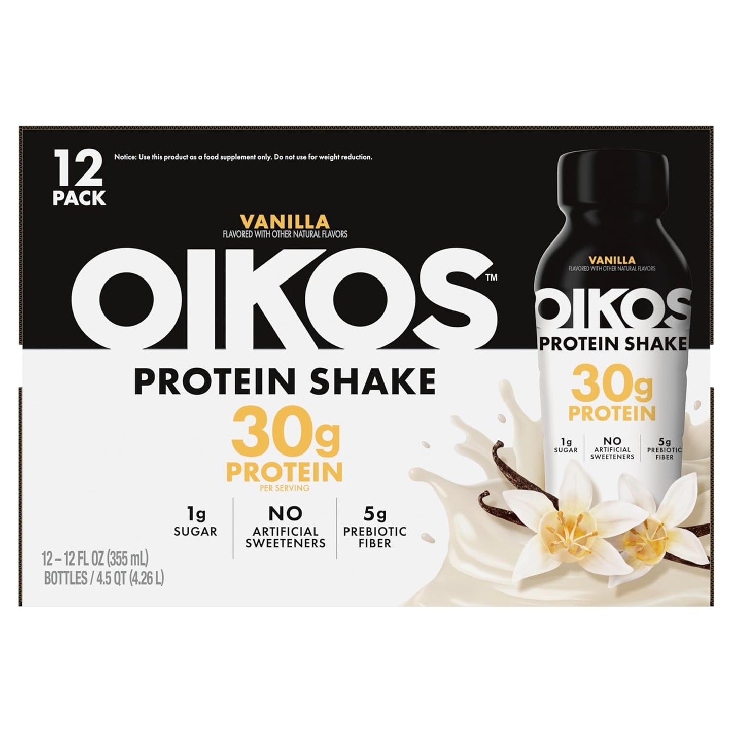 Oikos Protein Shake, Vanilla, 30G High Protein Drinks, 12 Fl oz Bottle, 12 Count​