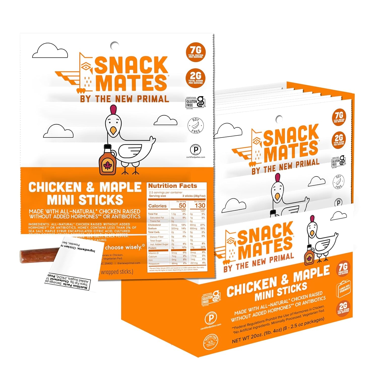 The New Primal Snack Mates Chicken & Maple Sticks, 7G Protein, 50 Calories, 40 Pack
