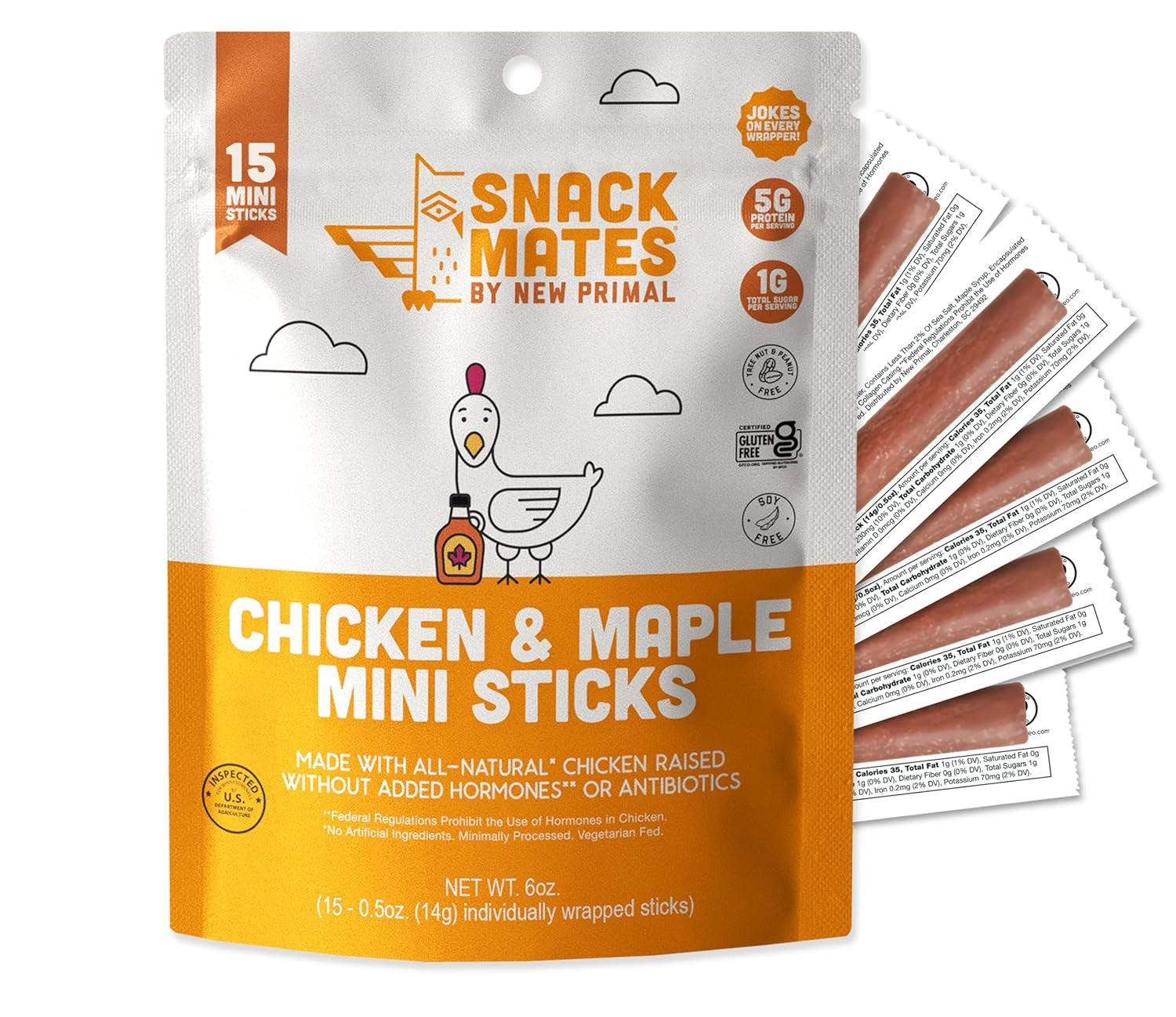 The New Primal Snack Mates Chicken & Maple Sticks, 5G Protein, 35 Calories, 15 Pack