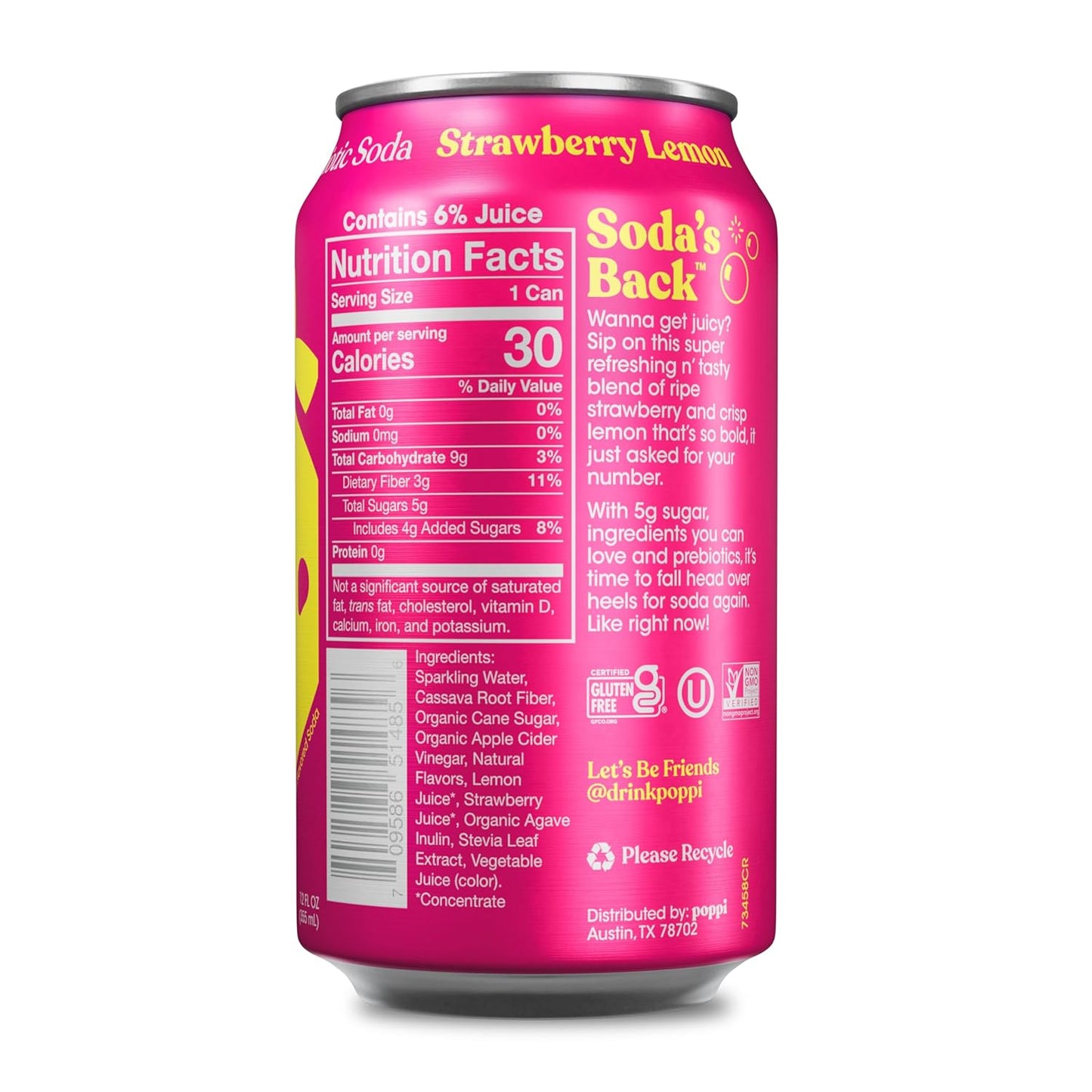 Poppi Sparkling Prebiotic Soda Beverage, Strawberry Lemon, 12 oz, 12 Pack
