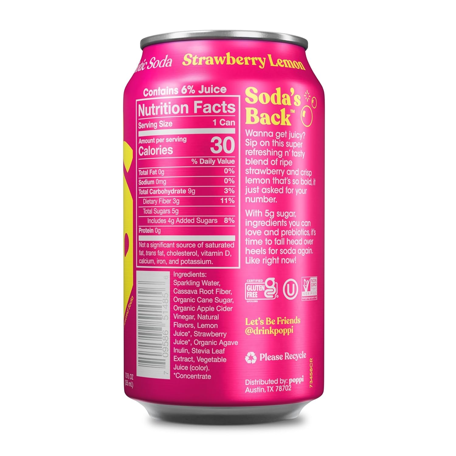 Poppi Sparkling Prebiotic Soda Beverage, Strawberry Lemon, 12 oz, 12 Pack